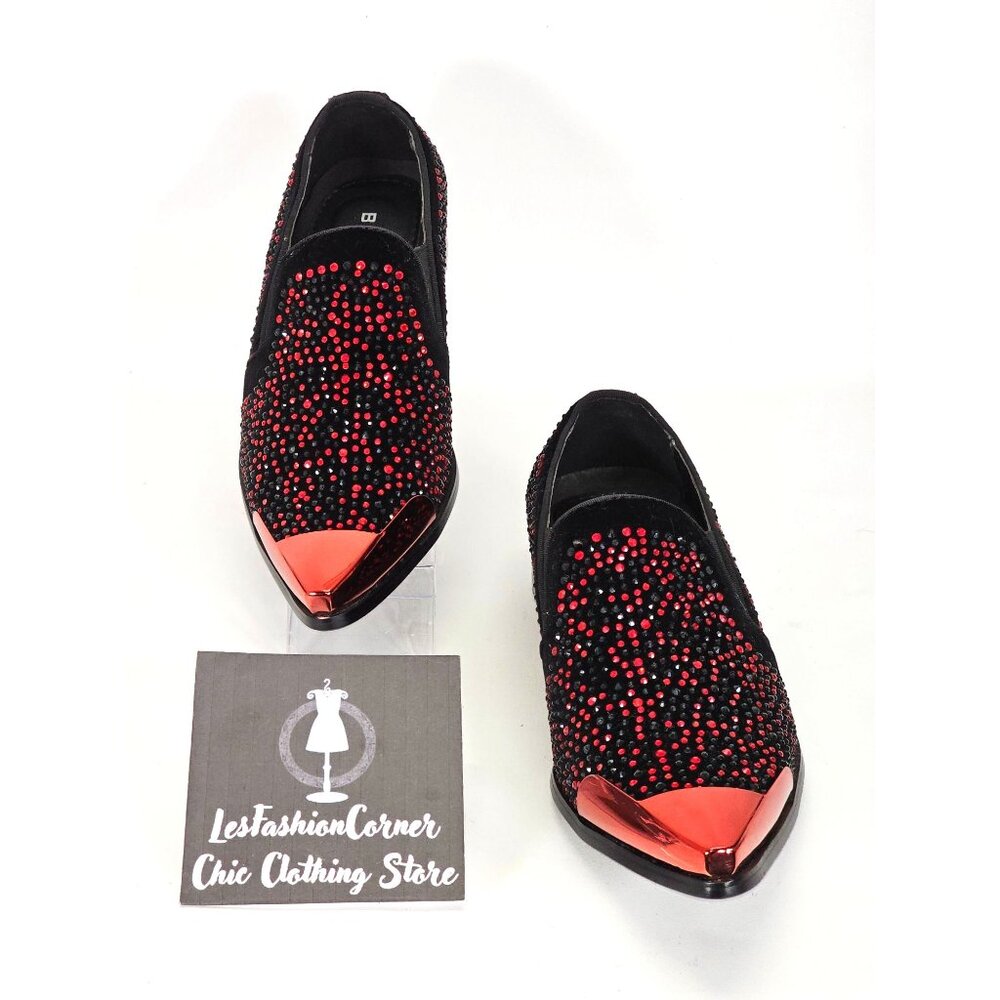 Bolano Men's Red/Black Leather Desta Dress Shoes Rhinestone Loafers Sz 7.5 1802 - Picture 2 of 16